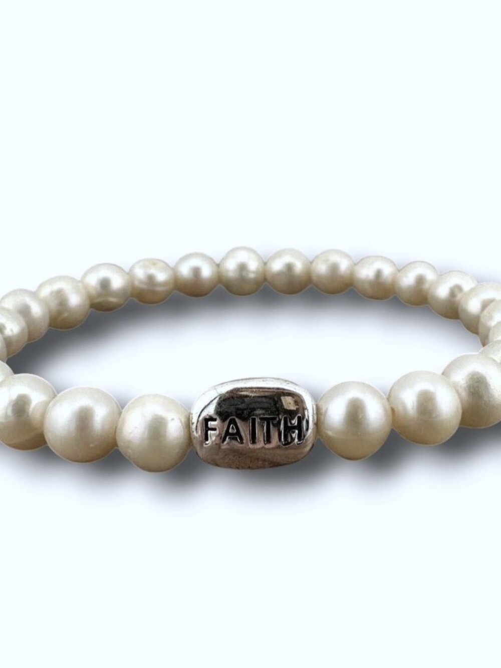 Genuine Freshwater Pearl Bracelet Elastic Stringing, Faith Sterling Silver Bead - Picture 2 of 2